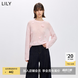 罩衫 LILY2026春新款 女装 羊毛上衣薄款 毛衣 立体花朵浅粉色针织衫
