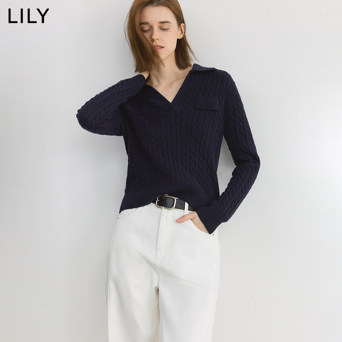 【商场同款】LILY2025秋新款羊毛混纺老钱POLO领修身针织衫毛衣女