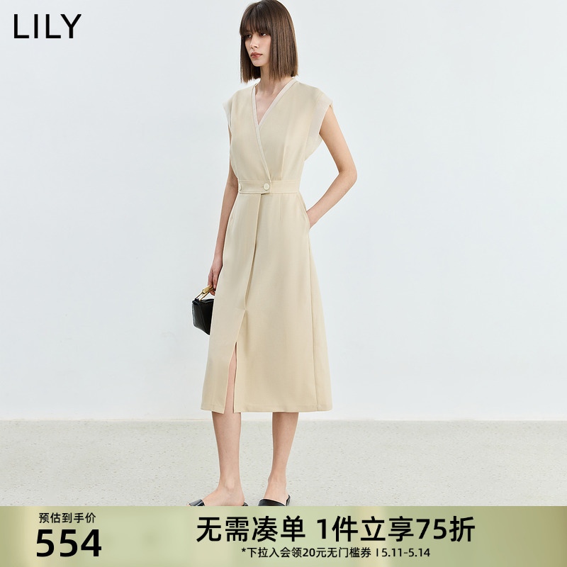 LILY2024夏季新品商务职场收腰显瘦通勤V领西装式连衣裙中长款