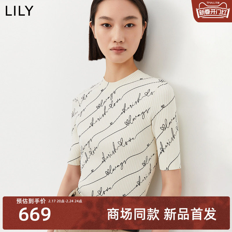 【商场同款】LILY2024春新款女装复古时尚老花短袖毛针织衫打底衫