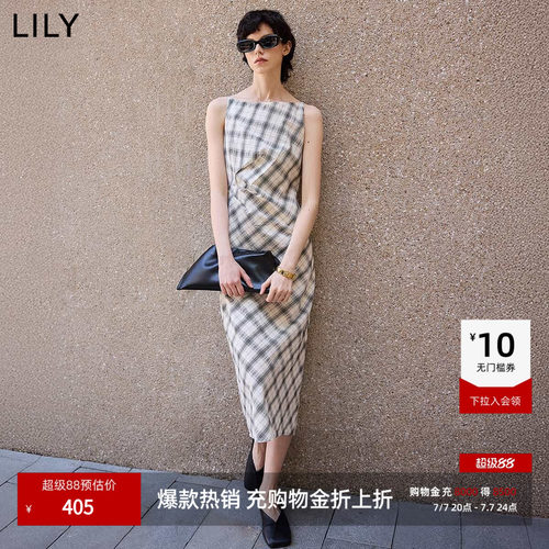 LILY法式格纹捏褶一字领连衣裙