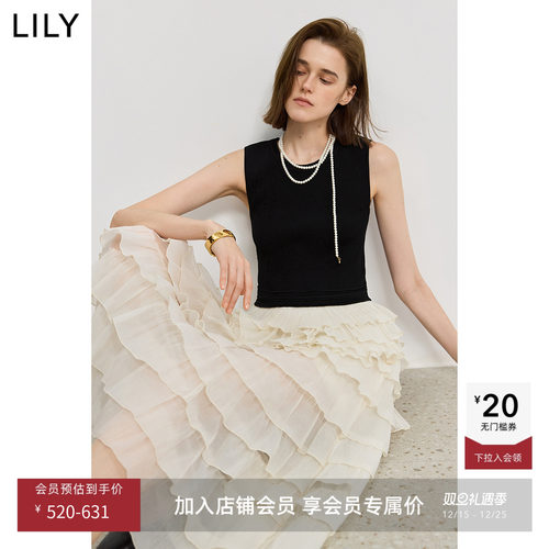 LILY通勤拼接复古收腰无袖连衣裙