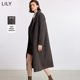 LILY2025冬新款羊毛羊绒混纺老钱风腰带双面呢大衣毛呢外套女长款