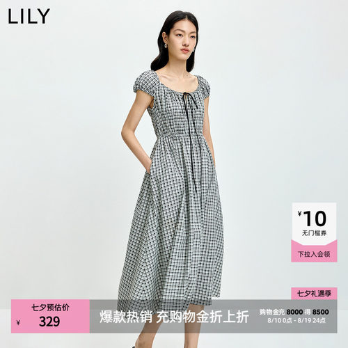 LILY通勤收腰格纹系带法式连衣裙