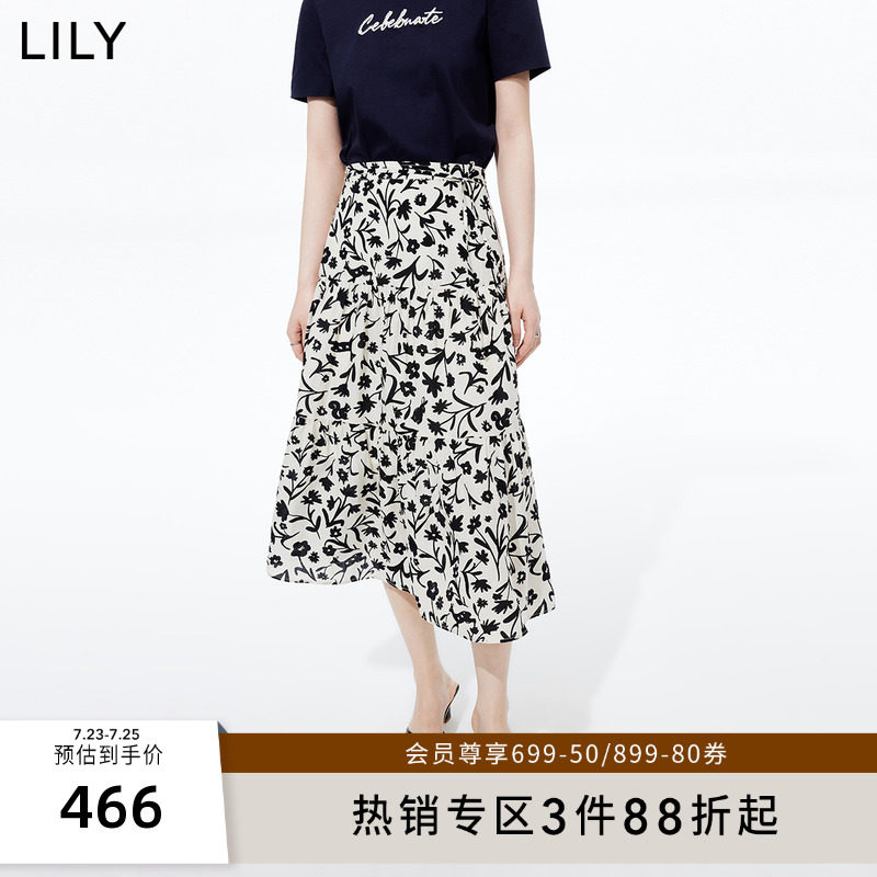 LILY2023夏新款女装舒适天丝亚麻艺术印花时尚系带显瘦高腰半身裙