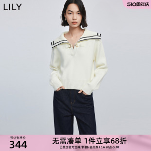 通勤短款 LILY2024春新款 含绵羊毛复古减龄大翻领时尚 女装 毛针织衫