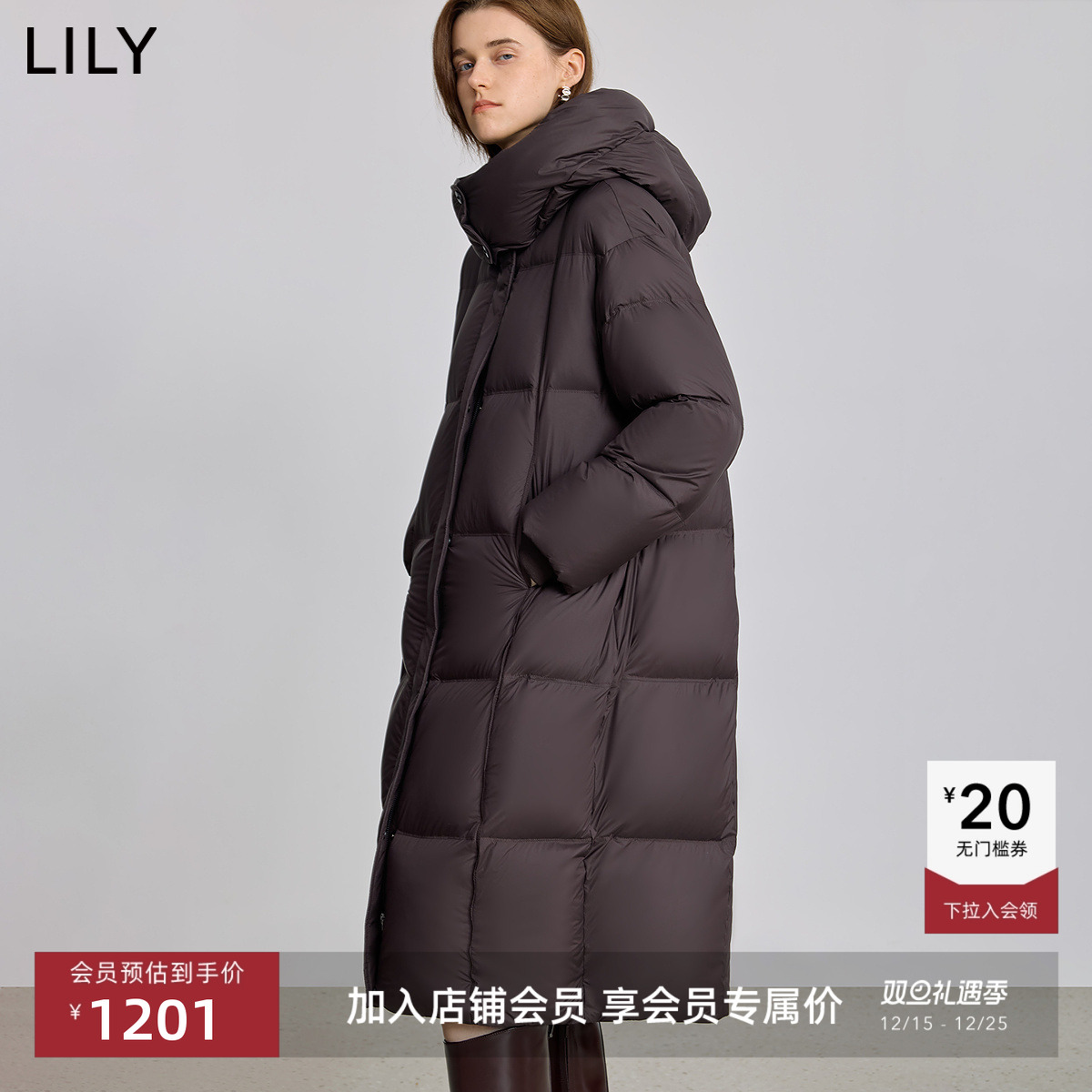 LILY通勤鸭绒长款连帽复古羽绒服