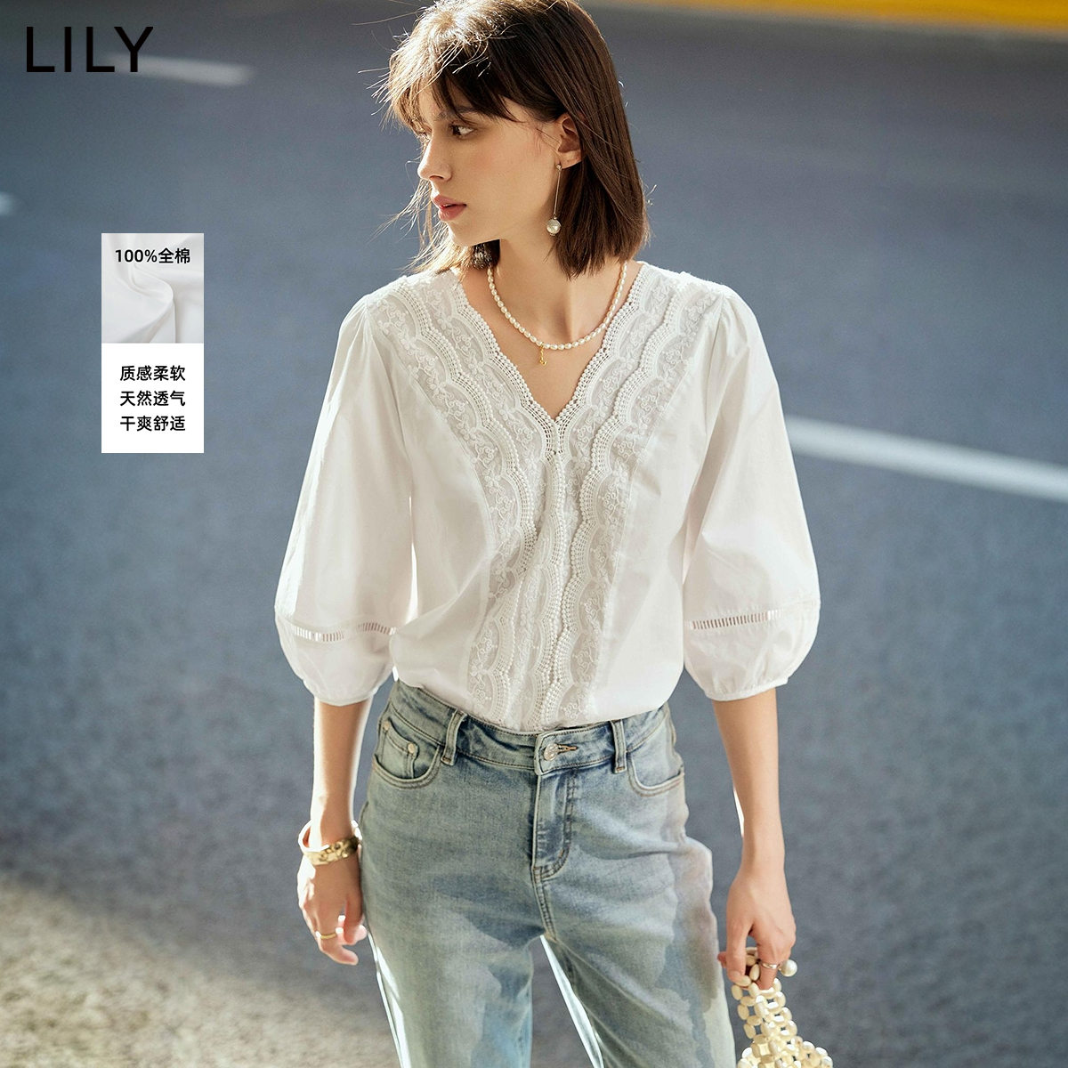 LILY春夏新款女装全棉法式掐腰蕾丝白色上衣泡泡短袖套头雪纺衬衫