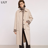100%羊毛LILY2025冬新款 简约翻领宽松通勤浅色毛呢大衣外套女长款