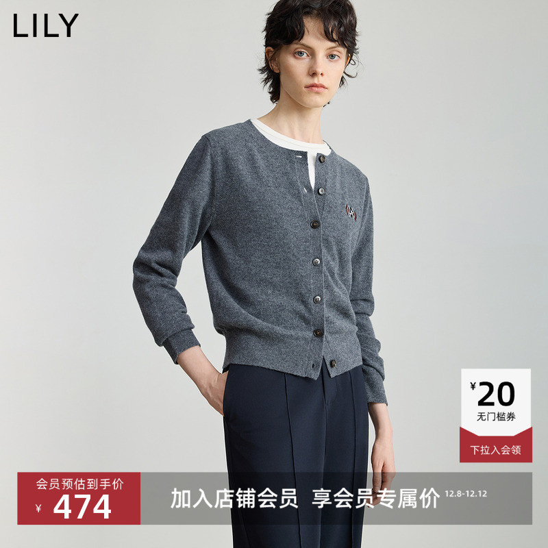 LILY羊毛纯色绣花圆领针织开衫