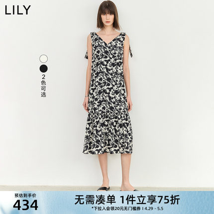 LILY2024夏新款女装复古优雅气质宽松垂坠感时尚V领显瘦连衣裙女