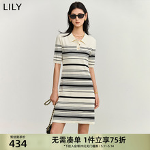 LILY2024夏新款女装复古条纹时尚通勤气质修身POLO针织短袖连衣裙