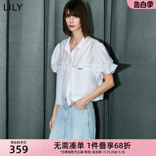 LILY2024夏新款女装设计感浪漫气质泡泡袖垂坠感天丝短款白衬衫女