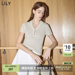 LILY2026夏新款女装莱赛尔亚麻混纺小翻领V领修身纯色短袖针织衫