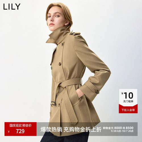 LILY通勤廓形双排扣收腰长袖风衣
