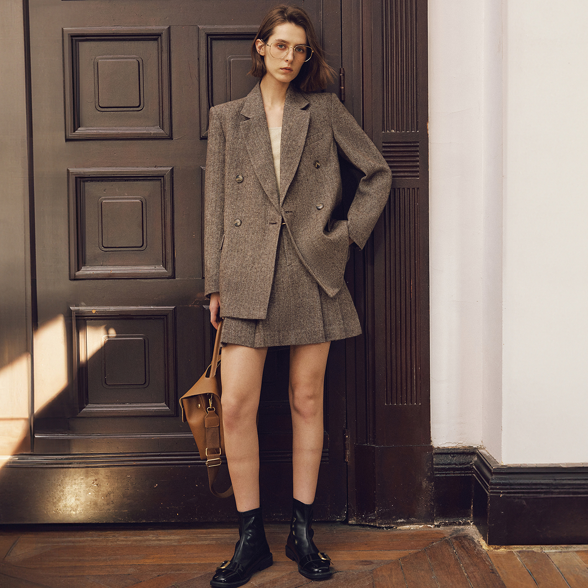 LILY绵羊毛通勤廓形人字混纺西装