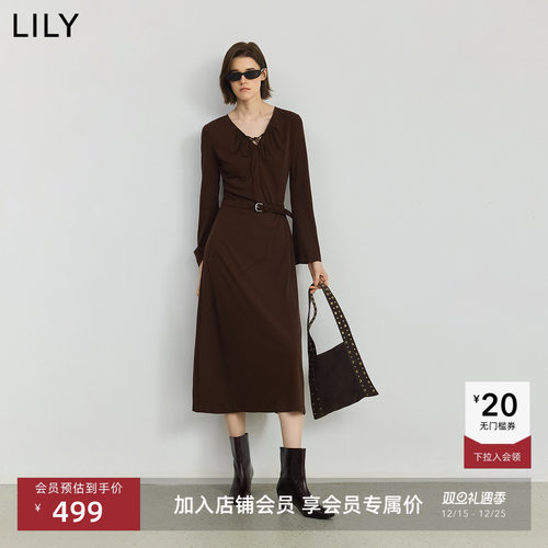 LILY薄款天丝咖色长袖通勤连衣裙