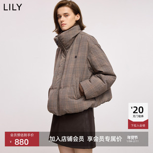 LILY2025冬新款女装巴恩风格纹立领气质通勤90鸭绒泡芙羽绒服外套