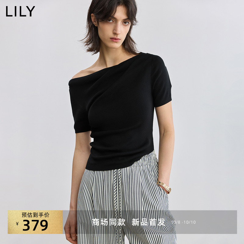 LILY一字肩莱赛尔混纺短袖针织衫