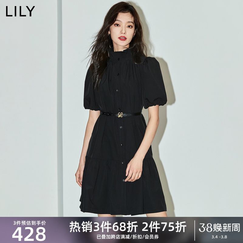 LILY2024春新款女装复古通勤时尚都市优雅宽松荷叶边小黑裙连衣裙