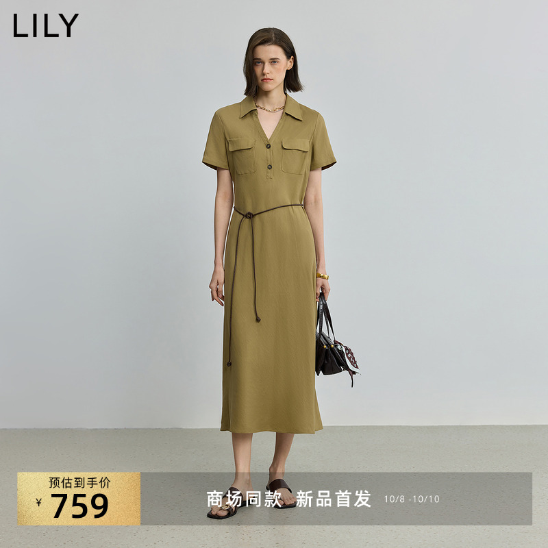 LILY斜裁复古收腰衬衫式连衣裙