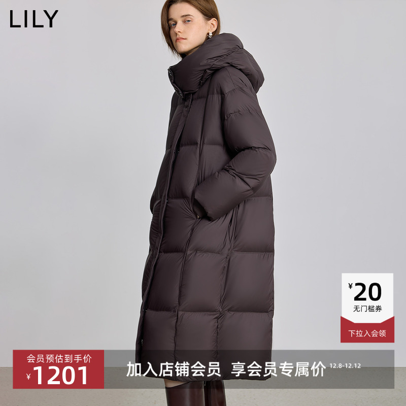 LILY通勤鸭绒长款连帽复古羽绒服