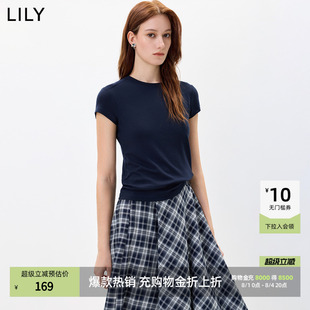 LILY2026秋新款女装莱赛尔羊毛混纺简约休闲通勤百搭纯色短袖T恤
