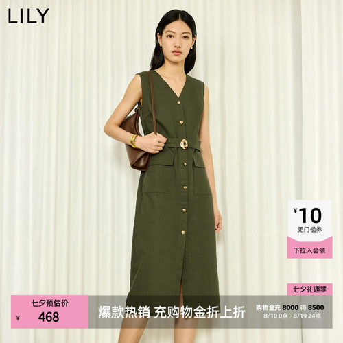 LILY通勤收腰棉麻无袖混纺连衣裙