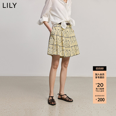 LILY卡其色莱赛印花复古新款短裤