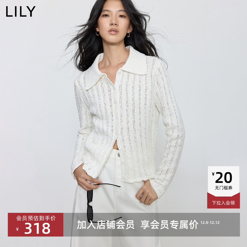 LILY通勤翻领法式修身镂空开衫
