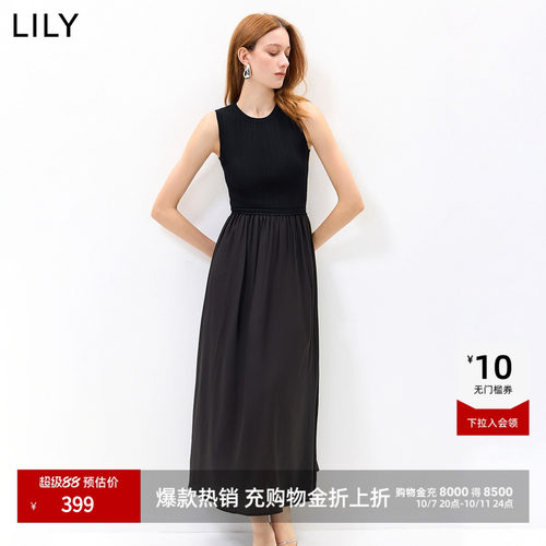 LILY2026夏新款含醋酸复古拼接休闲通勤黑色无袖圆领套头连衣裙女