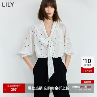 LILY2026夏新款女装法式波点飘带V领七分袖气质通勤米白色雪纺衫