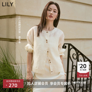 LILY2025新款女装含莱赛尔亚麻宽松休闲圆领轻薄米白色外套短款