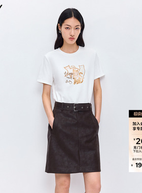 LILY2026春新款简约撞色猫咪图案休闲白色圆领短袖T恤内搭上衣女