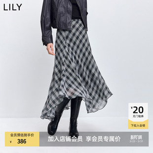 LILY2026春新款 复古垂感撞色格纹不规则气质通勤A字裙半身裙 女装