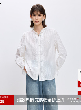 LILY2026春新款女装纯棉法式宫廷风立领上衣蕾丝衬衣白色长袖衬衫