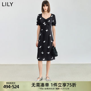 LILY2024夏新款女装复古泡泡袖时尚印花气质方领高腰连衣裙小黑裙