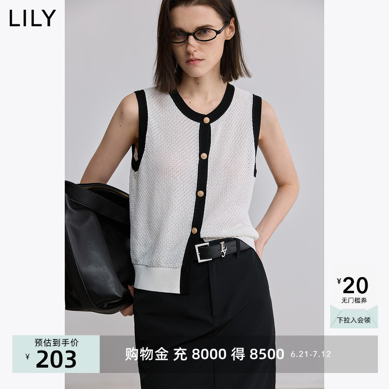 LILY2025夏新款经典黑白撞色宽松休闲百搭无袖针织开衫背心马甲女