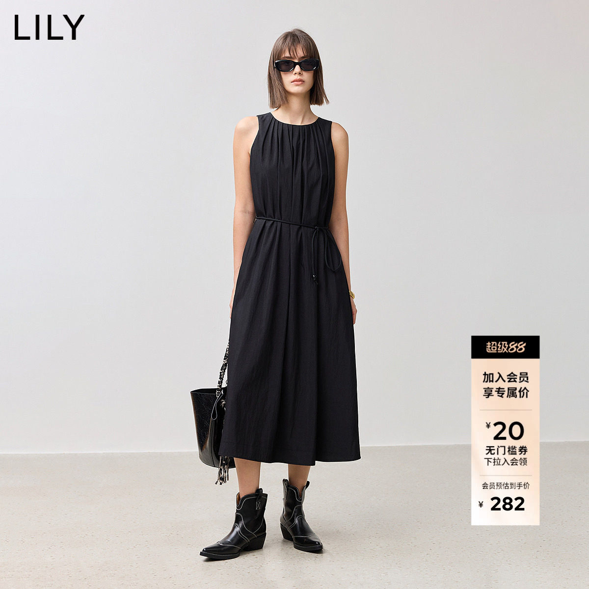 【LILY时光小黑裙】商场同款2025新款浪漫收腰无袖背心连衣裙