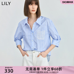 LILY2024夏新款女装舒适全棉复古条纹宽松垂坠感通勤款七分袖衬衫