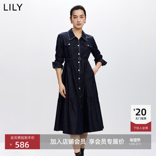 LILY2026春新款女装含醋酸莱赛尔翻领垂感收腰气质通勤牛仔连衣裙