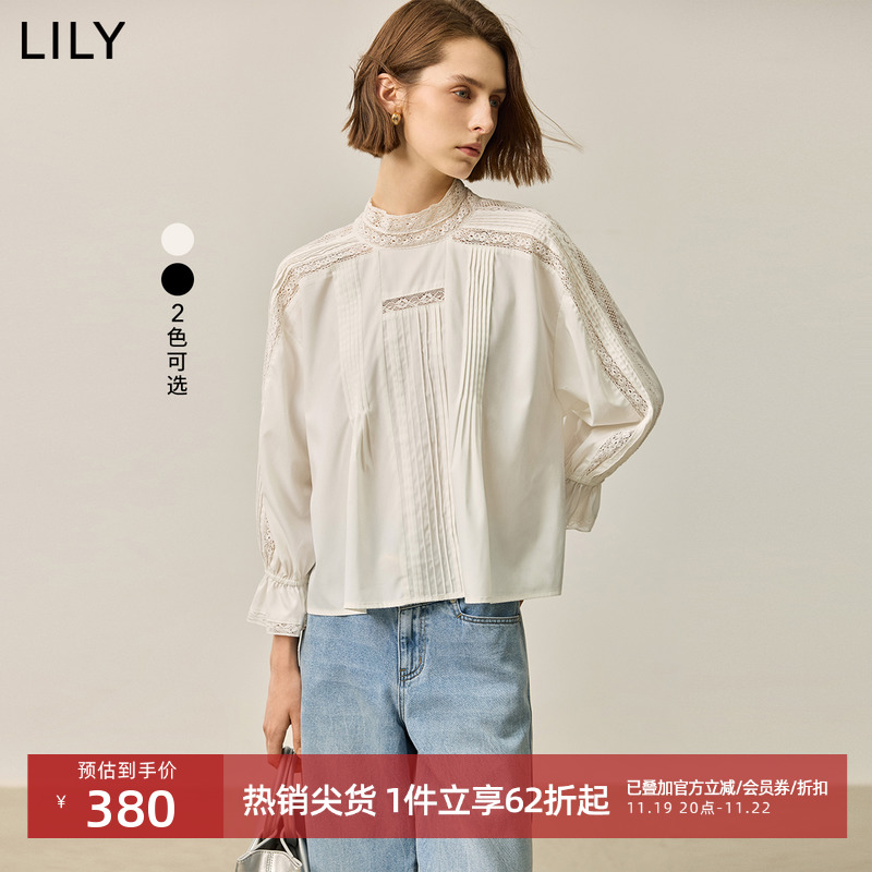 LILY2024秋新款女装法式宫廷风镂空蕾丝抽褶收腰显瘦高级感雪纺衫