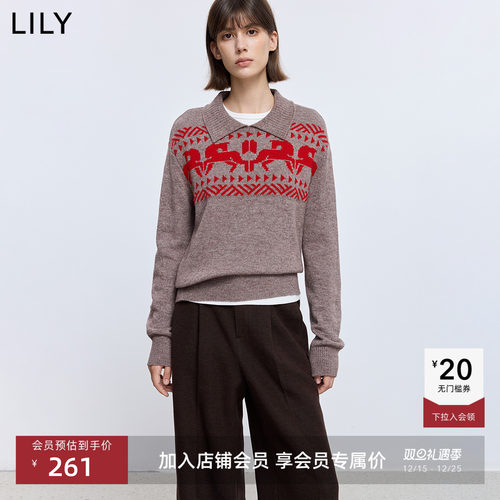 LILY费尔岛撞色翻领混纺针织衫