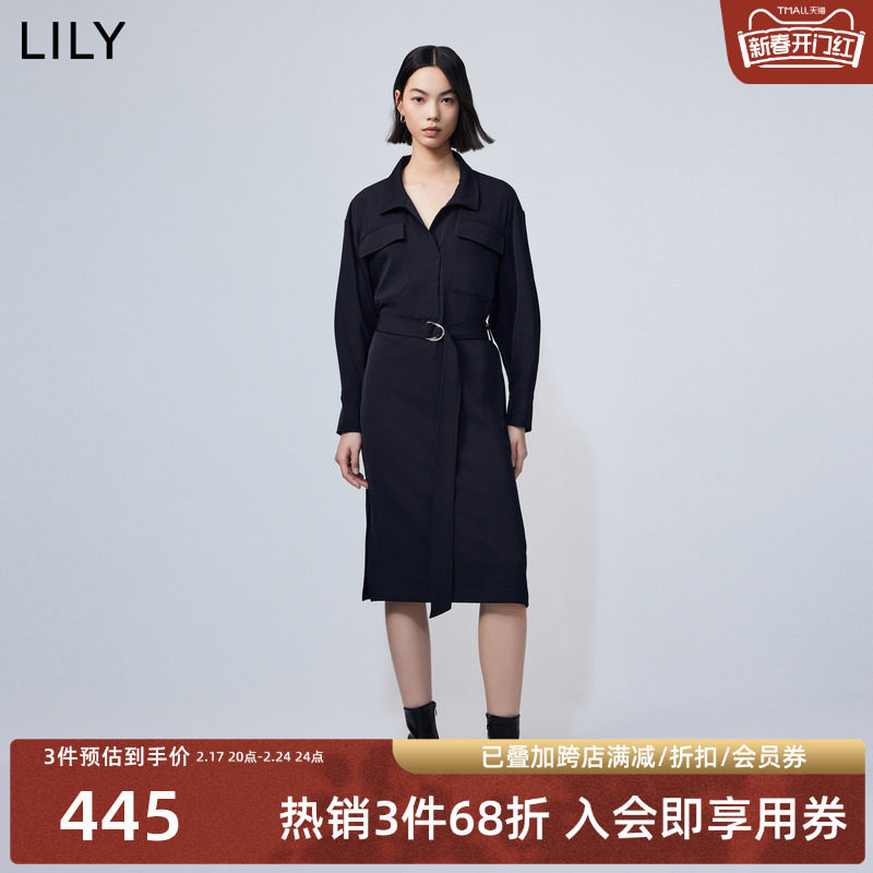 LILY2024春新款女装气质通勤显瘦腰带别致开叉长袖连衣裙小黑裙女