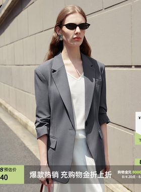 LILY2026夏新款复古经典竖条纹驳领七分袖修身收腰西装外套女西服