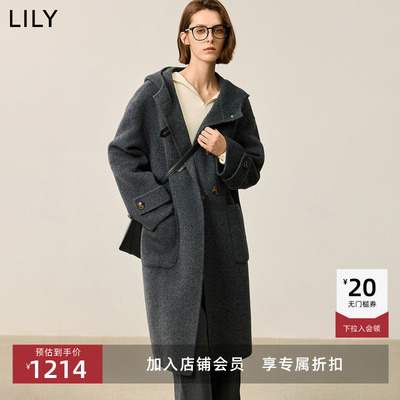 【商场同款】LILY2024冬新款女装绵羊毛连帽减龄双面呢大衣外套女