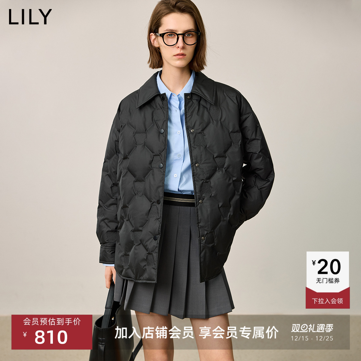 LILY中长款经典格纹羽绒服外套