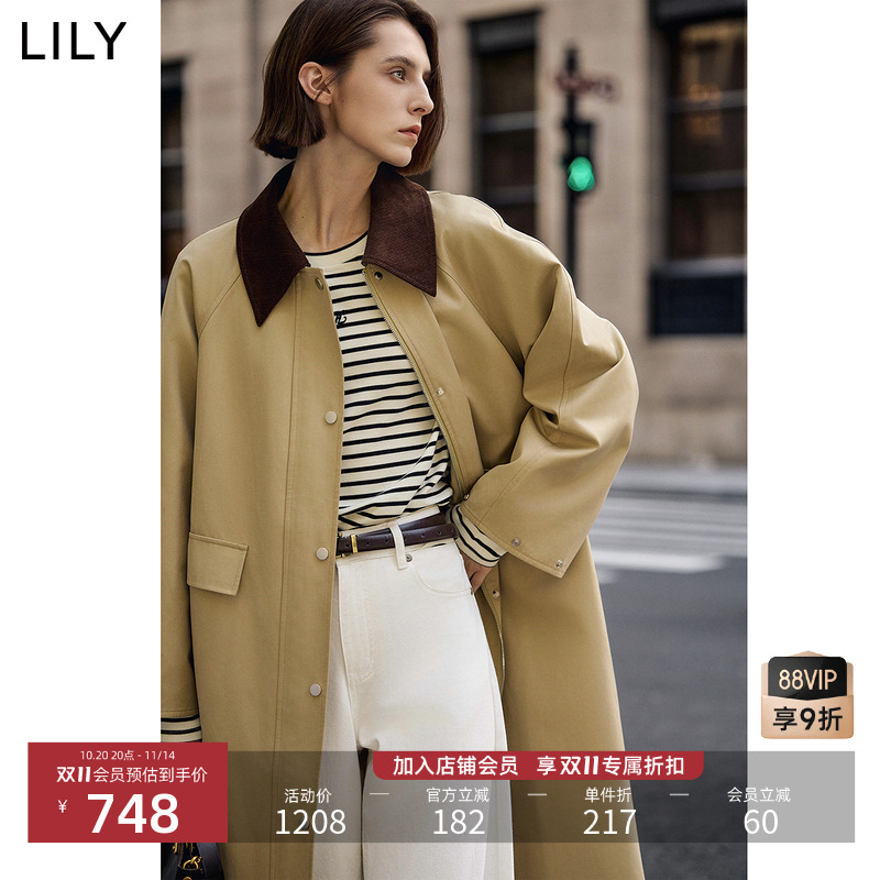 LILY卡其色撞色中长款翻领风衣