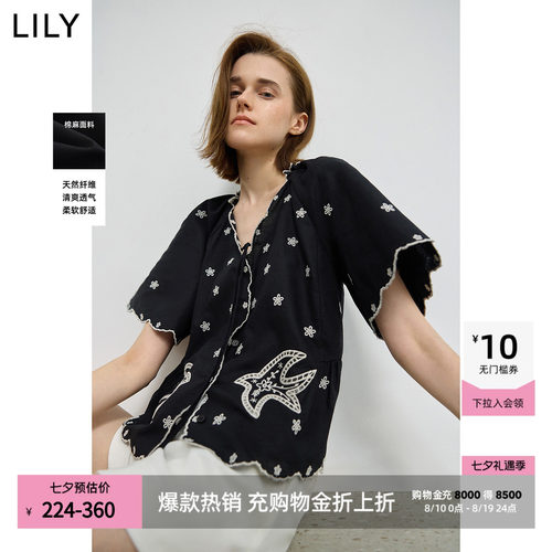 LILY撞色棉麻短袖飞鸟新款衬衫
