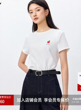 LILY2026春新款撞色苹果刺绣磨毛暖感休闲通勤圆领白色短袖T恤女